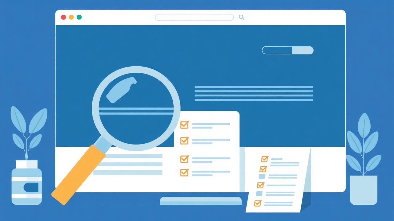 Sitio web bajo lupa con checklist de hallazgos de auditoría SEO sobre fondo azul