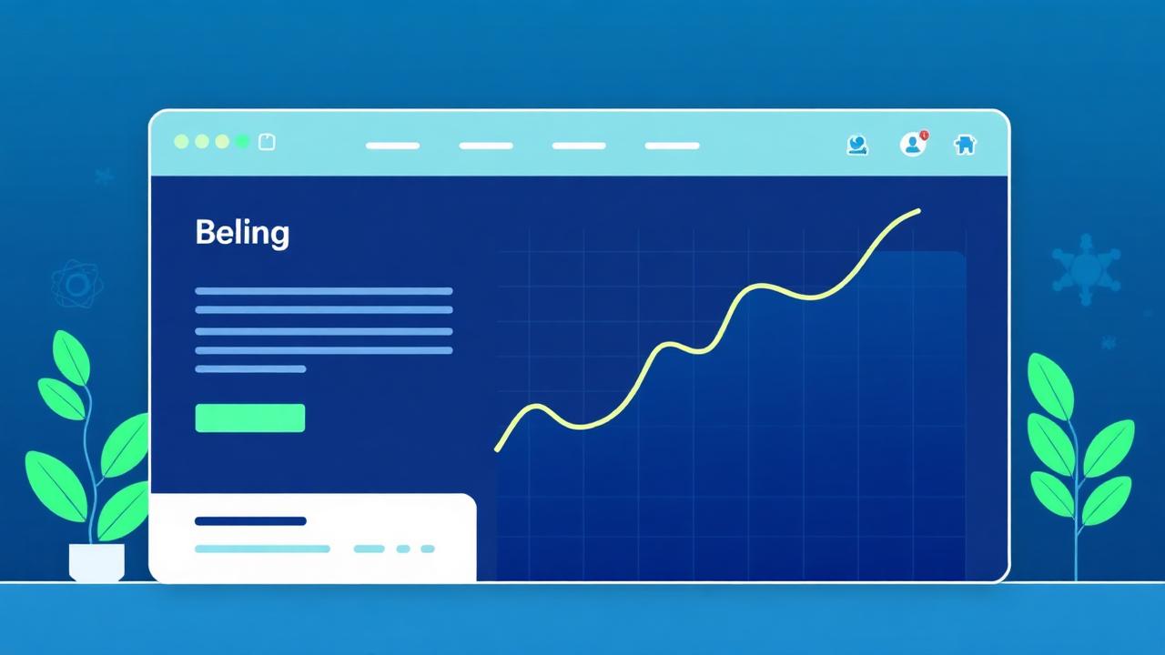 Interfaz de blog corporativo con gráfico de tráfico orgánico ascendente sobre fondo azul profundo