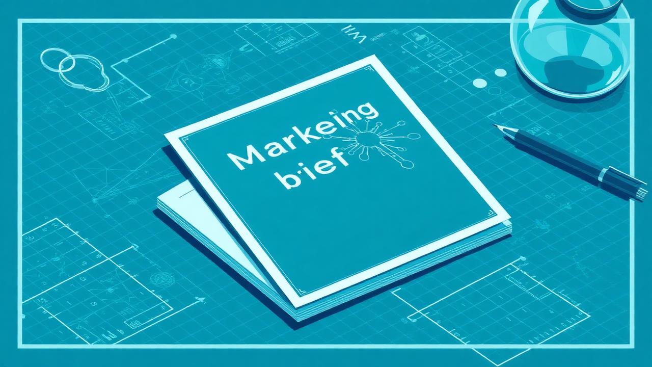 Documento de brief de marketing sobre un escritorio con líneas de planos y elementos de laboratorio