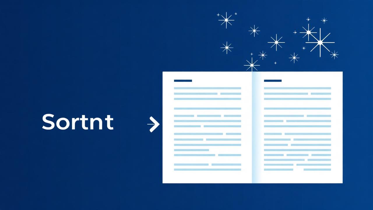 Texto corto expandiéndose en un documento más largo con destellos de IA sobre fondo azul profundo