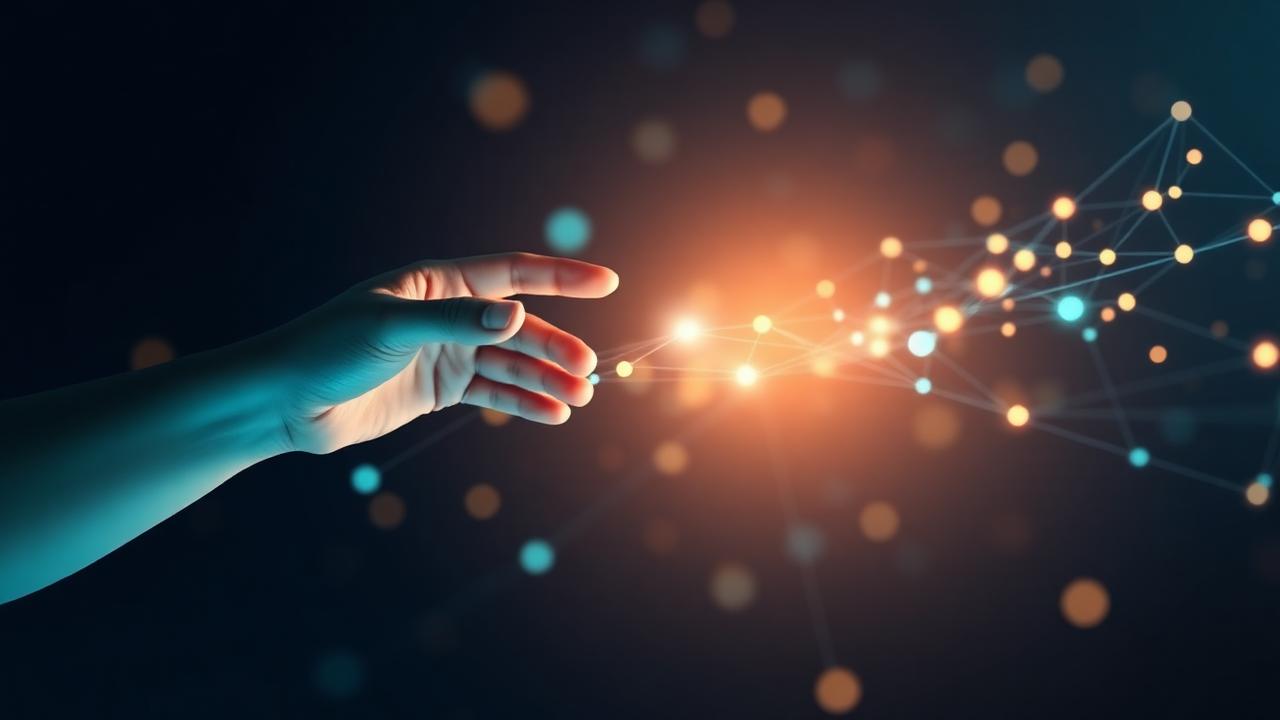 Mano alcanzando una red de nodos luminosos representando la conexión intangible entre un servicio y su cliente