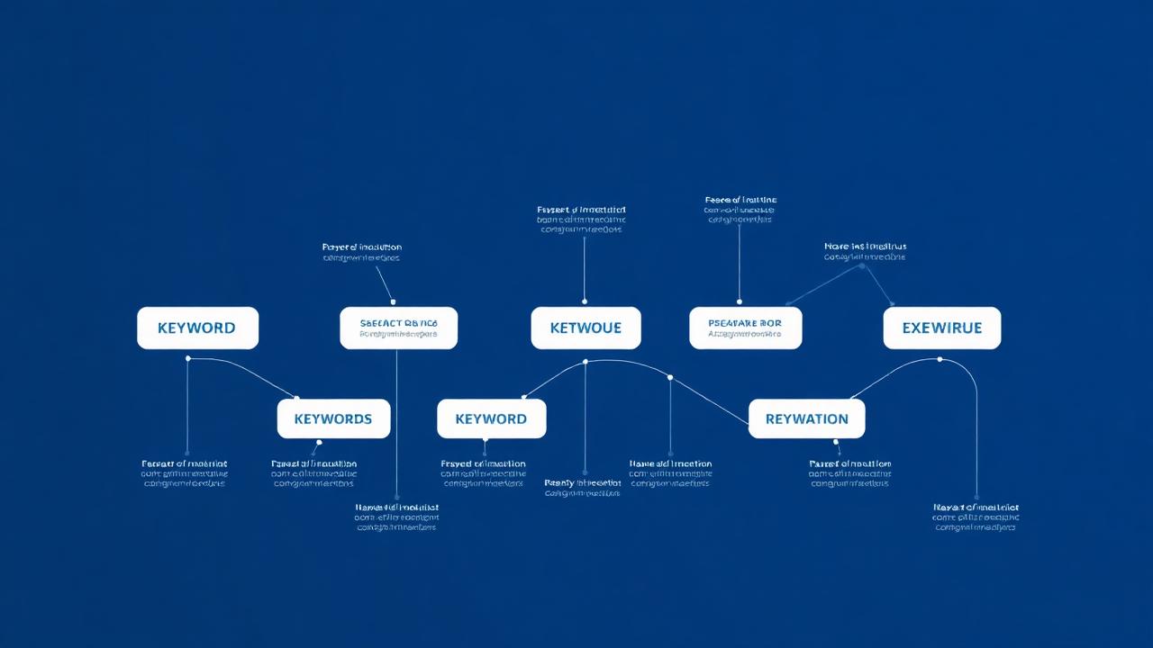 Diagrama de plan SEO con nodos de keywords conectados representando una estrategia de posicionamiento
