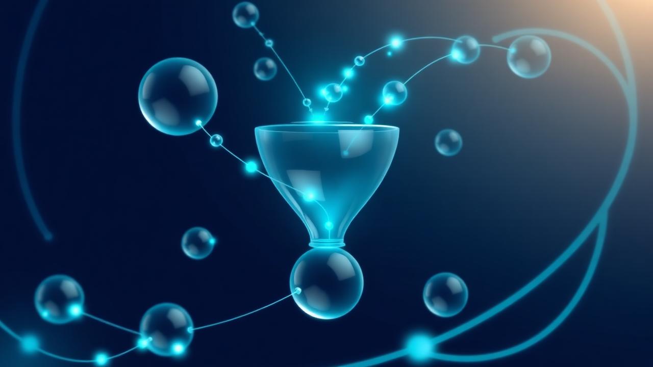 Embudo de cristal con esferas conectadas representando las fases del proceso de compra del cliente