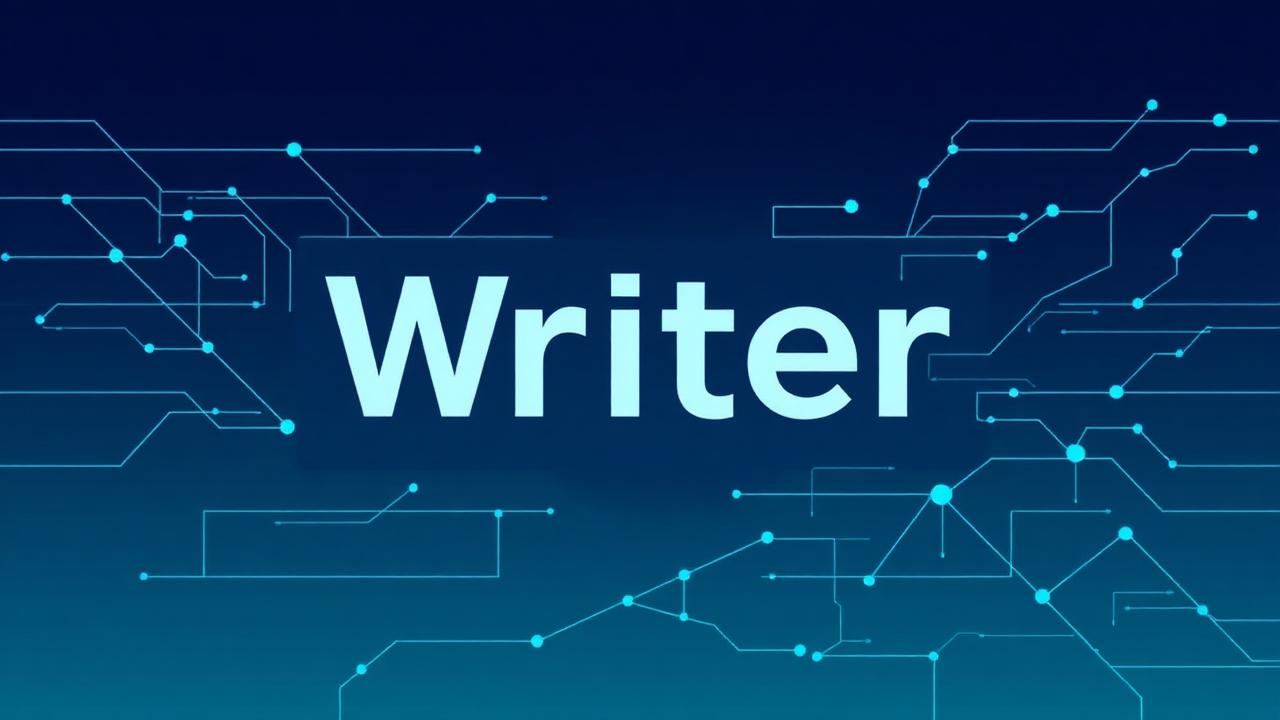 Interfaz de redactor IA con nodos de red neuronal generando texto sobre fondo azul profundo