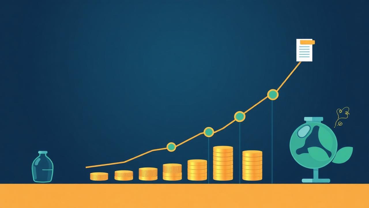 Gráfico ascendente con monedas y documento sobre fondo azul profundo