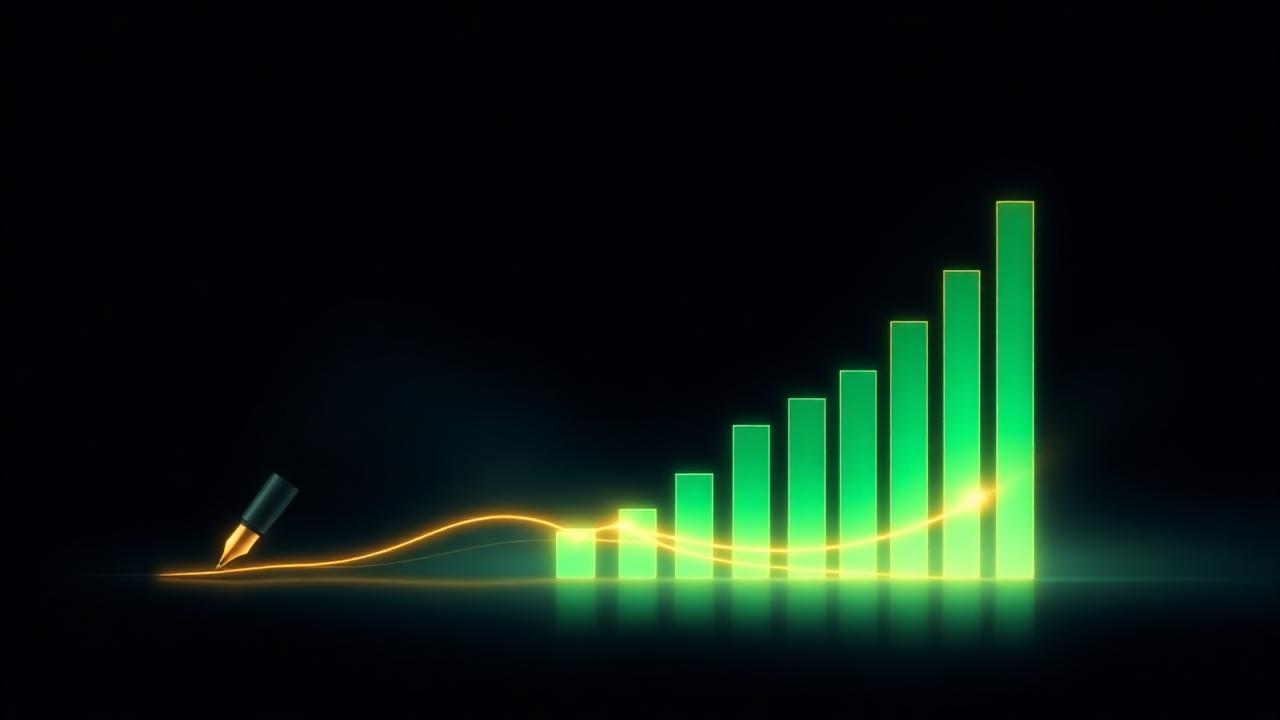 Pluma luminosa escribiendo una curva ascendente sobre barras de crecimiento que representan el ranking en SEO