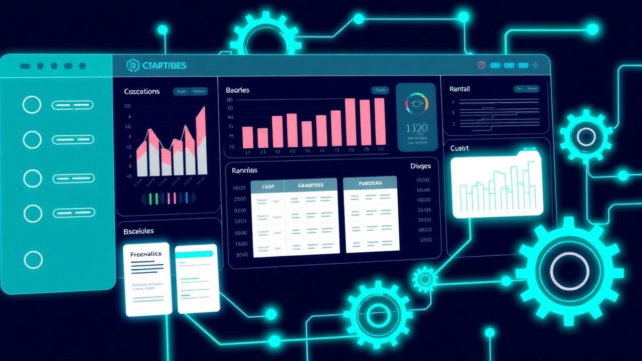 Panel de control con gráficos, gears y conexiones representando la gestión profesional de una estrategia SEO
