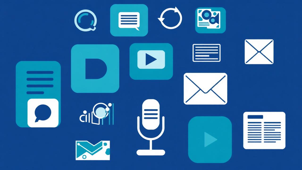 Iconos de distintos formatos de contenido digital sobre fondo azul profundo